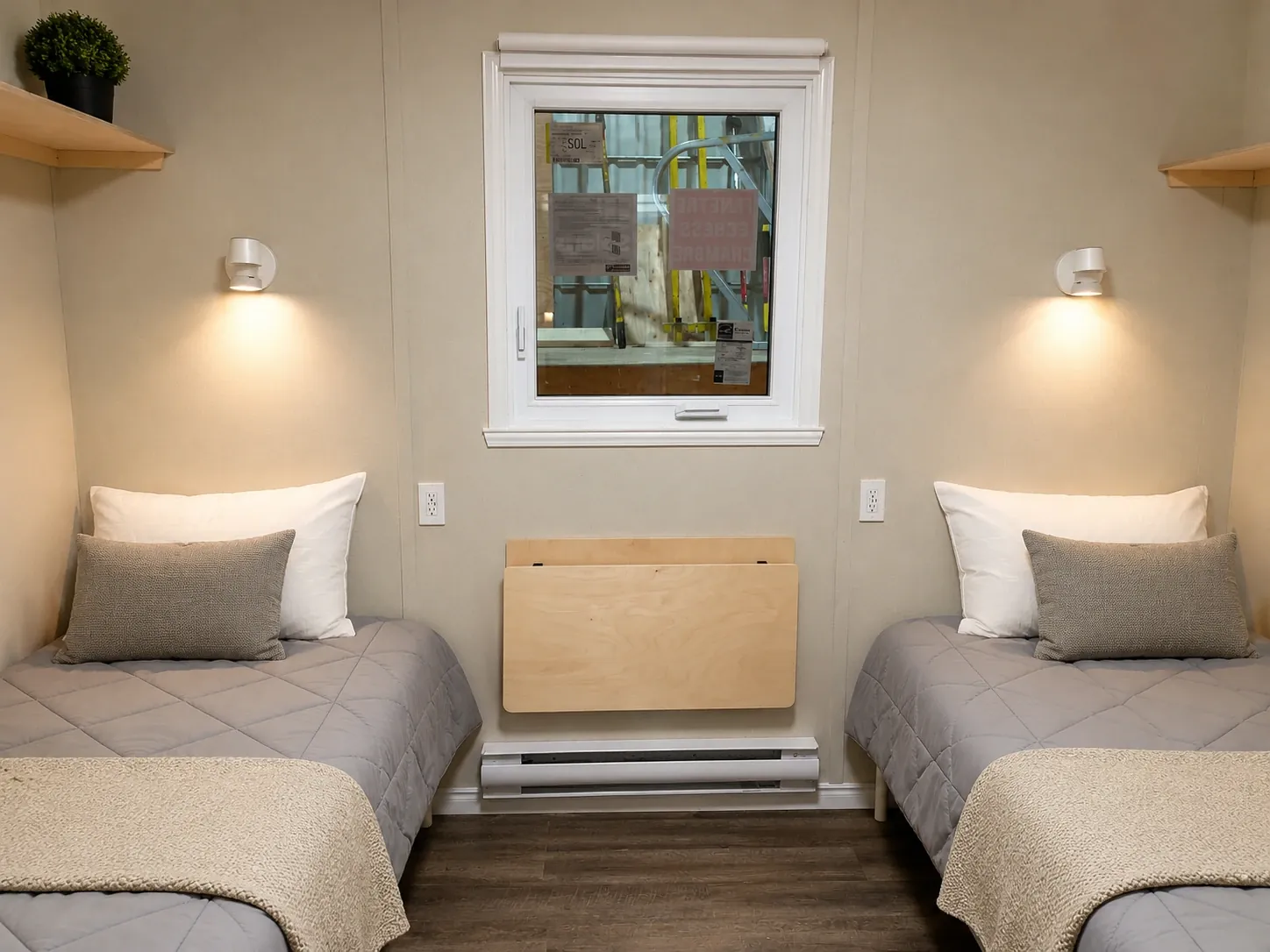 Chambre de dortoir mobile avec deux lits simples