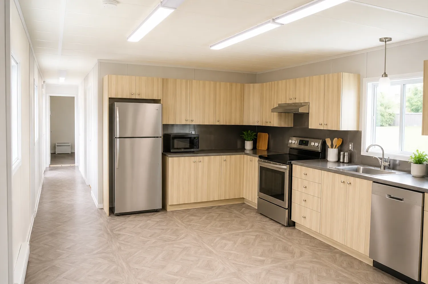Cuisine complète d'un dortoir mobile de chantier
